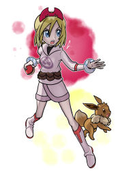 Rule 34 | 1girl, absurdres, alternate costume, blonde hair, blue eyes, boots, bracelet, brown bag, commentary request, creatures (company), eevee, fubo (fubo 0623), full body, game freak, gen 1 pokemon, hair between eyes, hairband, highres, holding, holding poke ball, irida (pokemon), jacket, jewelry, nintendo, open mouth, outline, pearl clan outfit, poke ball, poke ball (legends), pokemon, pokemon (creature), pokemon legends: arceus, red hairband, short hair, skirt, teeth, tongue, upper teeth only, white footwear
