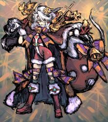 Rule 34 | 1boy, bell, boots, cape, christmas, christopher-kun (fate), christopher columbus (fate), coat, egg, fate/grand order, fate (series), fur trim, gloves, gold, grey hair, grin, hat, hat feather, jewelry, long hair, looking at viewer, male focus, moto murabito, open mouth, ribbon, santa costume, smile, solo, sparkle, tongue, tongue out, trap, white hair, aged down