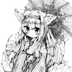 Rule 34 | 1girl, absurdres, animal ears, arknights, closed mouth, commentary, flower, fox ears, fox girl, fox tail, greyscale, hair flower, hair ornament, hairband, highres, holding, holding umbrella, japanese clothes, kimono, kitsune, kyuubi, long sleeves, looking at viewer, mia yorumiya, monochrome, multiple tails, official alternate costume, smile, solo, suzuran (arknights), suzuran (yukibare) (arknights), tail, umbrella, wide sleeves