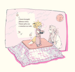 Rule 34 | 2boys, alternate costume, alternate hairstyle, animal ears, belt, black gloves, blanket, blonde hair, boots, bowl, brown eyes, clock, cloud strife, commentary, cup ramen, donbee (food), donbei kitsune udon, english text, expressionless, final fantasy, final fantasy vii, final fantasy vii remake, flower, fox boy, fox ears, fox tail, gloves, grey hair, hands up, hard-translated, highres, holding, holding bowl, instant udon, japanese clothes, kimono, kotatsu, long bangs, long hair, long sleeves, looking at another, male focus, multiple boys, nishimi zaki, on table, pants, parted bangs, pastel colors, pink background, ponytail, puffy pants, purple sweater, sephiroth, short hair, sitting, sleeveless, sleeveless sweater, sleeveless turtleneck, standing, steam, suspenders, sweater, table, tail, third-party edit, turtleneck, turtleneck sweater, under kotatsu, under table, white kimono