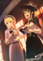 Rule 34 | 2girls, :d, absurdres, beret, bespectacled, black-framed eyewear, black capelet, black hair, black headwear, black legwear, black skirt, blonde hair, blouse, book, breasts, brooch, brown eyes, capelet, center frills, commentary request, cowboy shot, dress, dutch angle, frills, glasses, hair ribbon, hat, hat ribbon, highres, holding, holding book, huge filesize, indoors, jewelry, komori (littleforest946), long hair, long sleeves, maribel hearn, medium breasts, miniskirt, multiple girls, neck ribbon, open mouth, petticoat, pink dress, red ribbon, ribbon, see-through, see-through sleeves, shirt, short hair, sidelocks, skirt, smile, standing, thighhighs, touhou, usami renko, white headwear, white ribbon, white shirt, window, yellow eyes, zettai ryouiki