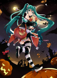 Rule 34 | 1girl, absurdres, crescent moon, green eyes, green hair, halloween, has bad revision, has downscaled revision, hatsune miku, highres, hnanati, long hair, matching hair/eyes, md5 mismatch, moon, night, resolution mismatch, solo, source smaller, striped clothes, striped thighhighs, thighhighs, twintails, very long hair, vocaloid