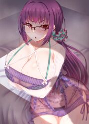 Rule 34 | 1girl, breast hold, breasts, cleavage, fate/grand order, fate (series), from above, huge breasts, ikue fuuji, scathach (fate), scathach skadi (fate), scathach skadi (swimsuit ruler) (fate), scathach skadi (swimsuit ruler) (second ascension) (fate), thighs
