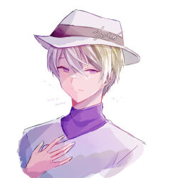Rule 34 | 1boy, closed mouth, fedora, hand on own chest, hat, highres, male focus, multicolored clothes, multicolored sweater, nobel (technoroid), portrait, purple eyes, purple sweater, shenaa, sketch, smile, solo, sweater, technoroid, turtleneck, turtleneck sweater, white background, white hair, white sweater