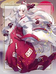 Rule 34 | 1girl, adapted costume, bird, bow, closed mouth, fujiwara no mokou, full body, hair bow, hakama, hands in pockets, heron, highres, japanese clothes, kimono, long hair, long sleeves, looking at viewer, mokoiscat, ofuda, ofuda on clothes, red eyes, red hakama, solo, touhou, white hair, white kimono