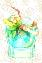 Rule 34 | 1boy, alternate costume, arms behind head, aya (shin&#039;ya meisai), barefoot, brown pants, cup, drinking straw, closed eyes, floral background, food, fruit, full body, glass, green eyes, ice, in container, in cup, jacket, lemon, long sleeves, male focus, one piece, open clothes, open jacket, open mouth, pants, pants rolled up, pocket, roronoa zoro, scar, scar across eye, scar on face, shirt, slipping, solo, yellow jacket