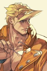 Rule 34 | 1boy, blonde hair, capcom, charlie nash, closed mouth, eyeglass, fingernails, hand up, holding, hungry clicker, jacket, looking to the side, male focus, muscular, orange jacket, shadow, short hair, solo, street fighter, yellow background