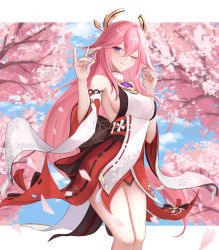 Rule 34 | 1girl, absurdres, animal ears, bare shoulders, blush, breasts, cherry blossoms, feet out of frame, floppy ears, fox ears, fox shadow puppet, genshin impact, grin, hair between eyes, highres, large breasts, long bangs, long hair, looking at viewer, nankaichimu, nontraditional miko, one eye closed, outside border, petals, pink hair, purple eyes, sideboob, sky, smile, solo, very long hair, yae miko