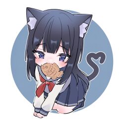 Rule 34 | 1girl, animal ear fluff, animal ears, arm support, black hair, blue background, blue sailor collar, blue skirt, blush, cat ears, cat girl, cat tail, chibi, food, furrowed brow, halftone, heart, heart tail, highres, idoly pride, kemonomimi mode, kneeling, leaning forward, legs together, long bangs, long hair, long sleeves, looking at viewer, mouth hold, nagase kotono, neckerchief, own hands together, pleated skirt, purple eyes, red neckerchief, sailor collar, school uniform, serafuku, shirt, sidelocks, simple background, skirt, solo, straight hair, tail, taiyaki, two-tone background, wagashi, white background, white shirt, xx ly xo