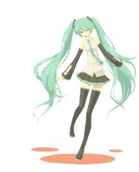 Rule 34 | 1girl, detached sleeves, green eyes, green hair, hatsune miku, headset, long hair, matching hair/eyes, necktie, ojigi, simple background, skirt, solo, thighhighs, twintails, very long hair, vocaloid, white background