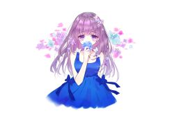 Rule 34 | 1girl, bare arms, bare shoulders, blue bow, blue dress, blue flower, blush, bow, breasts, collarbone, covered mouth, danby merong, dress, flower, flower over mouth, hair flower, hair ornament, highres, holding, holding flower, hydrangea, long hair, medium breasts, original, pink flower, purple eyes, purple hair, simple background, sleeveless, sleeveless dress, solo, very long hair, white background, white bow