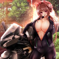 Rule 34 | 1girl, 2016, :d, ahoge, antenna hair, artist name, backlighting, biker clothes, bikesuit, black bodysuit, black gloves, blush, bodysuit, breasts, brown hair, cleavage, collarbone, contrapposto, covered erect nipples, cowboy shot, curvy, dated, evening, eyebrows, female focus, fence, floral print, gloves, hair intakes, hat, head tilt, unworn headwear, helmet, unworn helmet, highres, holding, holding helmet, huge breasts, jotti, long hair, looking at viewer, low twintails, motor vehicle, motorcycle, motorcycle helmet, navel, no bra, open bodysuit, open clothes, open mouth, orange sky, original, outdoors, park, partially unzipped, plant, red eyes, reimusan (jotti), road, shiny skin, signature, skin tight, sky, smile, solo, standing, stomach, street, sunlight, sunset, tree, tsurime, twintails, utility pole, zipper
