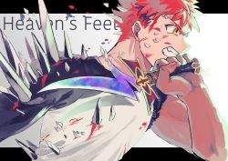 Rule 34 | 1boy, blood, blood on face, blood on clothes, emiya shirou, english text, fate/stay night, fate (series), heaven&#039;s feel, highres, holding, holding weapon, male focus, raglan sleeves, red hair, rulebreaker, shirt, solo, sword, torn clothes, ueki1230, upper body, weapon, yellow eyes