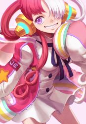 Rule 34 | 1girl, black ribbon, commentary, commentary request, english commentary, hair over one eye, hair rings, headphones, highres, long hair, multicolored hair, oekakiboya, one eye covered, one piece, one piece film: red, purple eyes, red hair, ribbon, smile, solo, split-color hair, star (symbol), teeth, twintails, two-tone hair, uta (one piece), very long sleeves, white hair