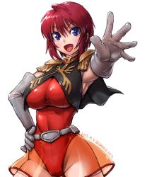 Rule 34 | &gt;:d, 1girl, :d, ahoge, amania orz, armpits, belt, blue eyes, breasts, capelet, cowboy shot, dated, elbow gloves, epaulettes, foreshortening, gloves, gundam, gundam seed, gundam seed destiny, hand on own hip, highleg, highleg leotard, large breasts, leotard, looking at viewer, lunamaria hawke, military, military uniform, open mouth, red hair, red leotard, short hair, smile, solo, text focus, twitter username, uniform, v-shaped eyebrows, white background, white gloves