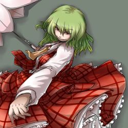 Rule 34 | 1girl, ascot, bad id, bad pixiv id, evil smile, female focus, green hair, grey background, grin, ishikoro, karen hako, kazami yuuka, long sleeves, looking at viewer, outstretched arms, parasol, petticoat, plaid, plaid skirt, plaid vest, red eyes, shaded face, short hair, simple background, skirt, skirt set, smile, solo, spinning, spread arms, touhou, turning head, umbrella, vest