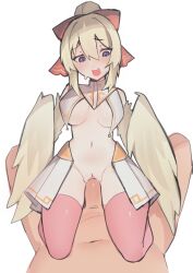 Rule 34 | 1boy, 1girl, bare shoulders, bird legs, blonde hair, blue eyes, blush, breast curtains, breasts, commentary, commission, english commentary, feathers, girl on top, hair ribbon, harpy, hetero, highres, indie virtual youtuber, mavia (vtuber), medium breasts, monster girl, navel, oniyanna, open mouth, penis, pink thighhighs, pov, pussy, ribbon, showgirl skirt, teeth, thighhighs, uncensored, upper teeth only, vaginal, virtual youtuber, winged arms, wings, yellow feathers, yellow wings