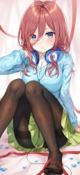 Rule 34 | blue cardigan, blue eyes, breasts, brown hair, brown pantyhose, cable, cardigan, clothes between thighs, feet, foot out of frame, go-toubun no hanayome, green skirt, hair between eyes, headphones, headphones around neck, highres, knees together feet apart, large breasts, legs, nakano miku, no shoes, pantyhose, pout, skirt, thighs, toes, xjuh0ygujjhfn25