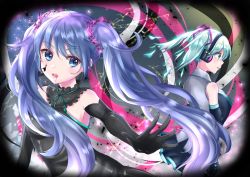 Rule 34 | 2girls, aqua ribbon, black gloves, black skirt, blue eyes, blue hair, crying, crying with eyes open, detached sleeves, elbow gloves, floating hair, ghost rule (vocaloid), gloves, grey shirt, hair between eyes, hair ornament, hatsune miku, headphones, highres, long hair, looking at viewer, miniskirt, multiple girls, neck ribbon, open mouth, pleated skirt, ribbon, shirt, skirt, sleeveless, sleeveless shirt, tears, twintails, very long hair, vocaloid