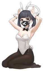 Rule 34 | 1girl, animal ears, armpits, bare shoulders, black eyes, black hair, black mask, black pantyhose, blue archive, bow, bowtie, breasts, cleavage, delinquent, detached collar, fake animal ears, fake tail, feet, halo, highleg, highleg leotard, highres, inesia, large breasts, leotard, long hair, looking at viewer, mask, mouth mask, pantyhose, playboy bunny, rabbit ears, rabbit tail, side-tie leotard, simple background, solo, strapless, strapless leotard, sukeban (smg) (blue archive), tail, twintails, white background, white leotard, wrist cuffs, x mark