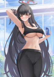 Rule 34 | 1girl, absurdres, arikawa rui, arm up, armpits, bare arms, bare shoulders, black hair, black pants, black sports bra, blue archive, blush, breasts, can, closed mouth, cowboy shot, ear piercing, hair ornament, halo, highres, holding, holding can, large breasts, long hair, looking at viewer, navel, pants, piercing, red eyes, rio (blue archive), solo, sports bra, stomach, thighs, underboob, yoga pants