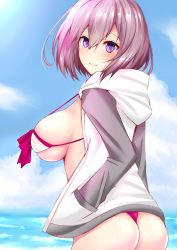 Rule 34 | 1girl, adapted costume, ass, beach, bikini, blush, breasts, cowboy shot, day, fate/grand order, fate (series), highres, hood, hooded jacket, jacket, large breasts, light purple hair, looking at viewer, looking back, mash kyrielight, mash kyrielight (swimsuit of perpetual summer), official alternate costume, outdoors, parted lips, purple eyes, sankakusui, short hair, sky, smile, solo, swimsuit