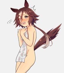 Rule 34 | 1girl, ^^^, animal ears, blush, brown eyes, brown hair, commentary request, covering privates, embarrassed, eyes visible through hair, grey background, hair over one eye, holding, holding towel, horse ears, horse girl, horse tail, long hair, looking at viewer, nose blush, nude cover, open mouth, ponytail, simple background, solo, special cat, tail, towel, umamusume, vodka (umamusume)