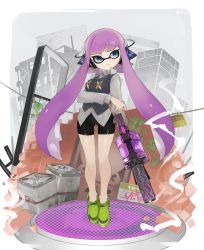 Rule 34 | 1girl, artist request, bad id, bad twitter id, bare legs, bike shorts, black shorts, black vest, blue eyes, blunt bangs, brick wall, building, canister, closed mouth, collared shirt, expressionless, full body, green footwear, grey shirt, head tilt, headgear, holding, holding weapon, inkling, inkling girl, inkling player character, long hair, long sleeves, nintendo, no legwear, pink hair, shirt, shoes, short hair with long locks, shorts, skyscraper, solo, splatoon (series), splatoon 1, standing, tentacle hair, twintails, very long hair, vest, weapon, wing collar