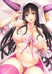 Rule 34 | 10s, 1girl, :d, bare shoulders, black hair, blush, breasts, collarbone, covered erect nipples, cowboy shot, curvy, detached sleeves, facial mark, fate/extra, fate/extra ccc, fate (series), forehead mark, horns, lace, lace-trimmed panties, lace trim, large breasts, long hair, looking at viewer, lying, navel, neneru, nipples, on back, open mouth, panties, pink panties, pink thighhighs, sessyoin kiara, smile, solo, stomach, thick thighs, thighhighs, thighs, underwear, veil, very long hair, wide hips, yellow eyes