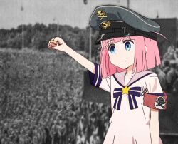 Rule 34 | 1girl, arm up, armband, blue eyes, bocchi the rock!, clenched hand, closed mouth, dress, expressionless, gotoh futari, hat, highres, jewelry, military hat, myjet, nazi, outdoors, peaked cap, pink hair, red armband, ring, sailor collar, sailor dress, short hair, skull and crossbones, solo, white dress