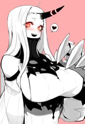 Rule 34 | 1girl, :d, abyssal ship, ahoge, bare shoulders, blush, breasts, bright pupils, colored skin, dress, eyes visible through hair, gauntlets, glowing, glowing eyes, heart, horns, huge breasts, j.k., kantai collection, long hair, looking at viewer, oni, open mouth, orange eyes, pink background, ribbed dress, seaport princess, short eyebrows, simple background, single horn, smile, solo, speech bubble, spoken heart, turtleneck, upper body, white hair, white skin