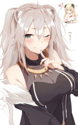Rule 34 | 2girls, absurdres, ahoge, animal ears, bare shoulders, blonde hair, blush, breasts, cleavage, detached sleeves, dogxfish, fur-trimmed jacket, fur trim, grey eyes, grey hair, hair between eyes, hair ornament, hairclip, highres, hololive, horns, jacket, jewelry, large breasts, lion ears, lion girl, long hair, looking at viewer, multiple girls, nail polish, necklace, open mouth, purple eyes, see-through, see-through cleavage, sheep horns, shirt, shishiro botan, shishiro botan (1st costume), thought bubble, tsunomaki watame, virtual youtuber