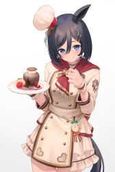 Rule 34 | 1girl, :&gt;, animal ears, black hair, blue eyes, bob cut, breasts, buttons, chef hat, commentary, double-breasted, eishin flash (collect chocolatier) (umamusume), eishin flash (umamusume), hair between eyes, hair ornament, hairclip, hat, highres, holding, holding plate, horse ears, horse girl, katuko deluxe, large breasts, looking at viewer, mini hat, official alternate costume, plate, short hair, simple background, smile, solo, umamusume, white background