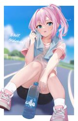 Rule 34 | 1girl, absurdres, bike shorts, black shorts, blue eyes, blurry, blurry background, blush, bottle, collarbone, commission, day, gym shirt, hair between eyes, highres, kantai collection, knees together feet apart, open mouth, pink footwear, pink hair, ponytail, shiranui (kancolle), shirt, shoes, short hair, short sleeves, shorts, skeb commission, sneakers, solo, toketa-sekai, towel, towel around neck, twitter username, water bottle, wet, wet clothes, wet shirt, white shirt