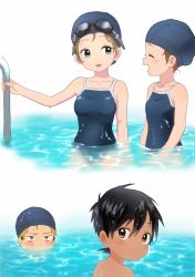 Rule 34 | 2boys, 2girls, black hair, blonde hair, blue eyes, blue headwear, blue one-piece swimsuit, blue school swimsuit, blush stickers, brown eyes, brown hair, child, closed eyes, competition school swimsuit, dark-skinned male, dark skin, goggles, goggles on head, kimura b, multiple boys, multiple girls, one-piece swimsuit, open mouth, original, parted lips, partially submerged, pool, pool ladder, school swimsuit, short hair, swim cap, swimsuit, wading, wet