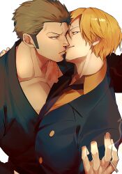 Rule 34 | 2boys, absurdres, blonde hair, cigarette, couple, facial hair, formal, from side, green hair, highres, holding, holding cigarette, japanese clothes, kimono, kiss, looking at viewer, male focus, mlh7q, multiple boys, muscular, muscular male, mustache stubble, one piece, pectoral cleavage, pectorals, roronoa zoro, sanji (one piece), short hair, smirk, stubble, suit, upper body, yaoi