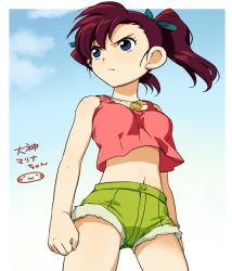 Rule 34 | 1girl, angry, bakusou kyoudai let&#039;s &amp; go!!, bakusou kyoudai let&#039;s &amp; go!! max, blue eyes, breasts, breasts apart, character name, cloud, cowboy shot, crop top, cutoffs, day, denim, denim shorts, frown, gradient background, hair ribbon, jewelry, looking afar, medium breasts, midriff, mizuhara aki, navel, necklace, oogami marina, outdoors, pendant, red hair, ribbon, short hair, short shorts, short twintails, shorts, sky, solo, standing, tank top, translated, twintails