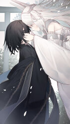 Rule 34 | bare shoulders, black hair, black kimono, blindfold, commentary request, facing another, from side, grey background, grey eyes, grey hair, hands on another&#039;s face, highres, japanese clothes, kimono, long hair, long sleeves, looking at another, original, profile, tokuno yuika, torii, very long hair, white sleeves, wide sleeves