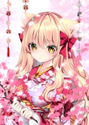 Rule 34 | 1girl, animal ear fluff, animal ears, blurry, blurry background, blurry foreground, bow, branch, breasts, cat ears, cherry blossoms, closed mouth, commentary request, depth of field, floral print, flower, hair between eyes, hair bow, holding, holding branch, japanese clothes, kimono, light brown hair, long hair, long sleeves, looking at viewer, medium breasts, nanase kureha, nanase nao, original, pink flower, print kimono, red bow, red kimono, sleeves past wrists, solo, upper body, wide sleeves, yellow eyes