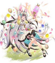 1girl animal_ears bare_shoulders black_choker black_hair breasts chain choker cleavage dress egg feather_hair_ornament feathers fire_emblem fire_emblem_engage fire_emblem_heroes flower full_body grey_hair hair_ornament high_heels highres ichikawa_haru long_hair looking_at_viewer multicolored_hair nintendo non-web_source official_alternate_costume official_art open_mouth pleated_dress purple_eyes rabbit_ears small_breasts smile solo streaked_hair two-tone_hair very_long_hair veyle_(fire_emblem) veyle_(spring)_(fire_emblem) wavy_hair white_dress white_hair