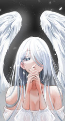 Rule 34 | 1girl, absurdres, angel, angel wings, bare shoulders, breasts, cleavage, expressionless, grey eyes, hair over one eye, highres, interlocked fingers, long hair, looking at viewer, off shoulder, original, own hands clasped, own hands together, solo, upper body, white hair, wings, yuki (asayuki101)