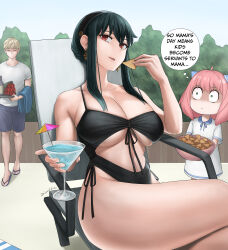 Rule 34 | 1boy, 2girls, absurdres, anya (spy x family), artist name, bare shoulders, black footwear, black hair, black hairband, black one-piece swimsuit, blonde hair, bottle, bouquet, bowl, breasts, chips (food), cleavage, closed eyes, closed mouth, cocktail glass, cocktail umbrella, commentary, crossed legs, cup, day, deck chair, dismaiden, dress, drinking glass, earrings, english commentary, english text, father and daughter, flower, food, foreshortening, green eyes, hairband, hand up, highleg, highleg swimsuit, highres, holding, holding bowl, holding cup, holding food, holding tray, jewelry, large breasts, long hair, looking at another, looking at viewer, mother&#039;s day, mother and daughter, multiple girls, navel, one-piece swimsuit, outdoors, parted lips, pink hair, red eyes, red flower, red rose, rose, sandals, shirt, short sleeves, shorts, sitting, skindentation, spy x family, standing, swimsuit, thighs, thought bubble, tray, tree, twilight (spy x family), underboob, white dress, white shirt, wine bottle, yor briar
