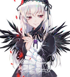 Rule 34 | 1girl, black dress, closed mouth, copyright name, dress, ekita kuro, feathers, frilled sleeves, frills, hair between eyes, half-closed eyes, hand up, headdress, holding, holding feather, long hair, parted lips, petals, red eyes, rozen maiden, silver hair, simple background, smile, solo, suigintou, tsurime, upper body, white background, wide sleeves