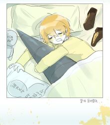 Rule 34 | 1girl, bed sheet, blanket, blonde hair, closed eyes, don quixote (project moon), drooling, highres, hugging object, lance, limbus company, munyeom 001, on bed, open mouth, polearm, project moon, shoes, short hair, sleeping, solo, weapon