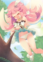 Rule 34 | 1girl, antennae, blouse, blush, branch, choker, closed eyes, cloud, detached sleeves, dragalia lost, embarrassed, fairy, fairy wings, fang, flower, gem, gluteal fold, green skirt, hair flower, hair ornament, long hair, miniskirt, notte (dragalia lost), open mouth, outdoors, panties, pink hair, sen1986, shirt, side-tie panties, skirt, skirt caught on object, skirt tug, sky, snagged, solo, thigh gap, thighs, tree, underwear, white panties, white shirt, white sleeves, wings