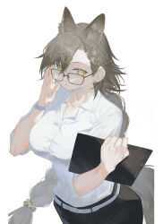 Rule 34 | 1girl, 3pel1, absurdres, adjusting eyewear, alternate costume, animal ears, arknights, arm up, belt, bespectacled, black-framed eyewear, black hair, black nails, black pants, breasts, clipboard, closed mouth, collared shirt, commentary, glasses, hair ornament, hairclip, highres, holding, holding clipboard, large breasts, long hair, looking over eyewear, mole, mole above eye, nail polish, pants, penance (arknights), ponytail, shirt, simple background, solo, watch, watermark, white background, white belt, white shirt, wolf ears, wolf girl, wristwatch, x hair ornament, yellow eyes
