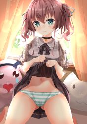 Rule 34 | 1girl, :3, absurdres, bed, brown hair, casual, commentary request, hair between eyes, highres, hololive, lifted by self, looking at viewer, medium hair, natsuiro matsuri, natsuiro matsuri (casual), navel, panties, solo, starkamisan, striped clothes, striped panties, stuffed animal, stuffed toy, twintails, underwear, virtual youtuber, window
