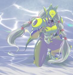 Rule 34 | 1girl, armor, black bodysuit, bodysuit, breasts, commentary request, covered eyes, digimon, digimon (creature), fox mask, full body, gold armor, grey hair, highres, long hair, low twintails, mas square, mask, medium breasts, on one knee, sakuyamon, shoulder armor, solo, twintails