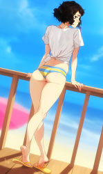 Rule 34 | 1girl, arm support, ass, back, beach, bikini, bikini bottom only, black hair, blurry, blurry background, feet, feguimel, flip-flops, from behind, highres, kawakami sadayo, looking at viewer, looking back, ocean, persona, persona 5, sandals, shirt, short hair, striped bikini, striped clothes, swimsuit, t-shirt, tied shirt, tiptoes, whistle, whistle around neck, wooden floor