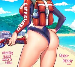 Rule 34 | 1girl, ass, ass focus, backpack, bag, beach, hand on own hip, head out of frame, highres, lian (paladins), lifeguard, paladins, solo, thighs, weapon